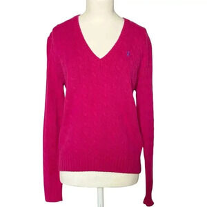 Ralph Lauren Sport Women’s Cable-Knit Cotton V-Neck Sweater Pink Size XL